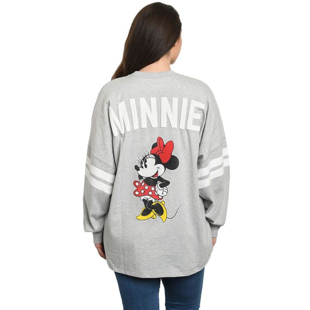 New Disney Women Minnie Mouse Sweatshirt Jersey Long Sleeve Light Gray - Picture 2 of 8